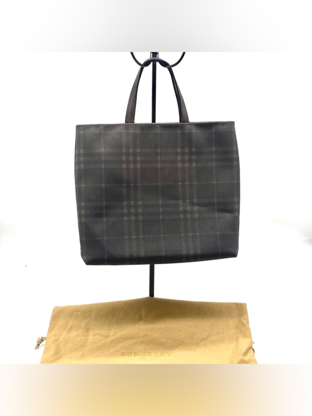 Burberry London Brown Black Plaid Leather-Trim Coated Canvas Tote Hand Bag Small